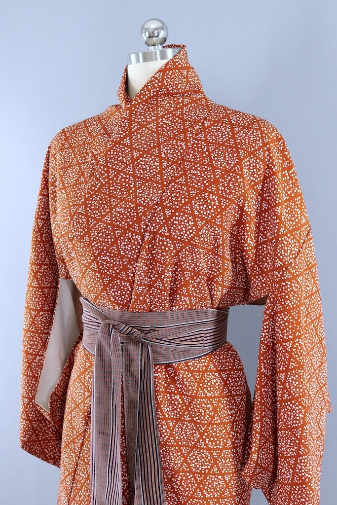 Vintage Brown Dots Silk Kimono Robe-ThisBlueBird - Modern Vintage