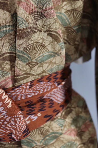 Vintage Brown Fans Silk Kimono Robe-ThisBlueBird - Modern Vintage