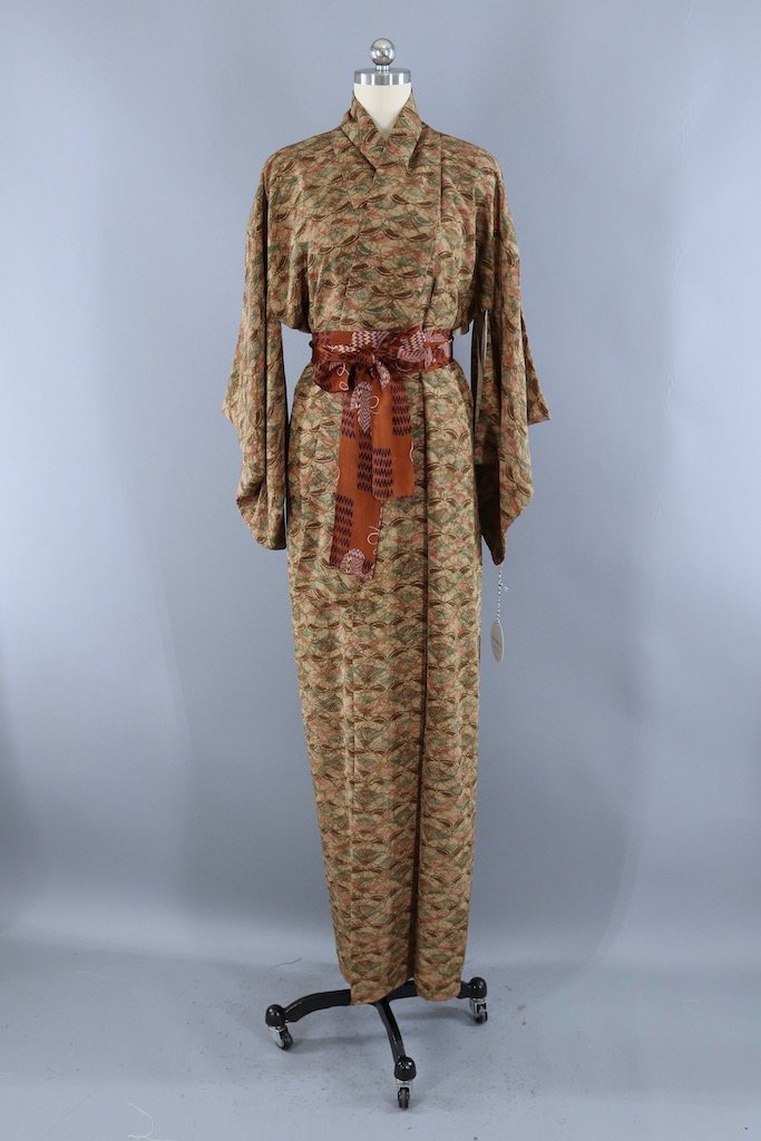 Vintage Brown Fans Silk Kimono Robe-ThisBlueBird - Modern Vintage