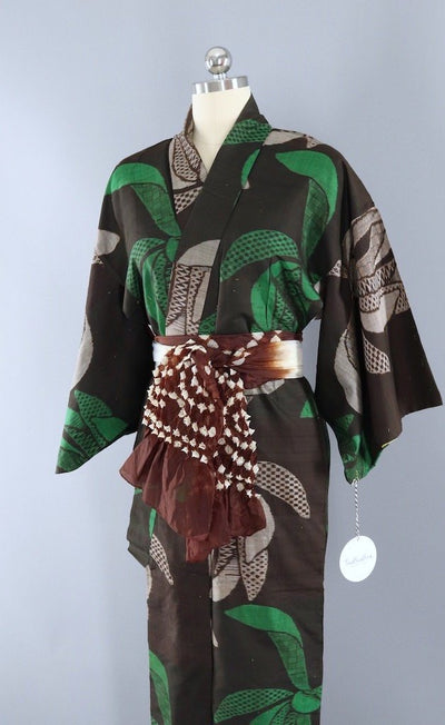 Vintage Brown & Green Ikat Silk Kimono Robe-ThisBlueBird - Modern Vintage