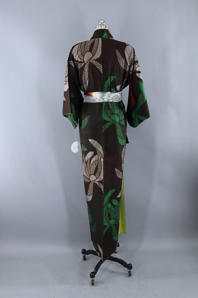 Vintage Brown & Green Ikat Silk Kimono Robe-ThisBlueBird - Modern Vintage