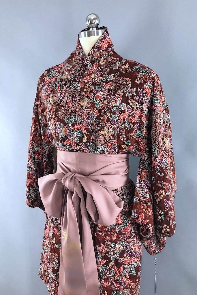 Vintage Brown Shibori Floral Silk Kimono Robe-ThisBlueBird - Modern Vintage