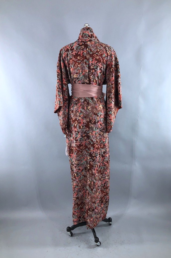 Vintage Brown Shibori Floral Silk Kimono Robe-ThisBlueBird - Modern Vintage