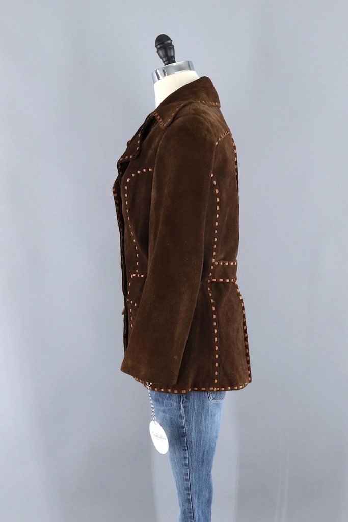 Vintage Brown Suede Jacket with Tan Leather Trim - ThisBlueBird
