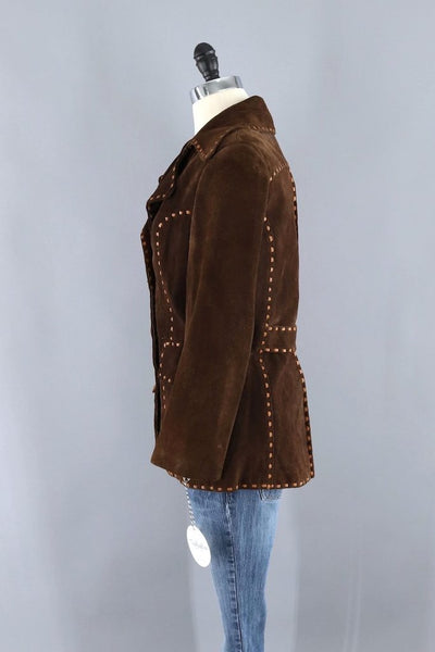 Vintage Brown Suede Jacket with Tan Leather Trim - ThisBlueBird
