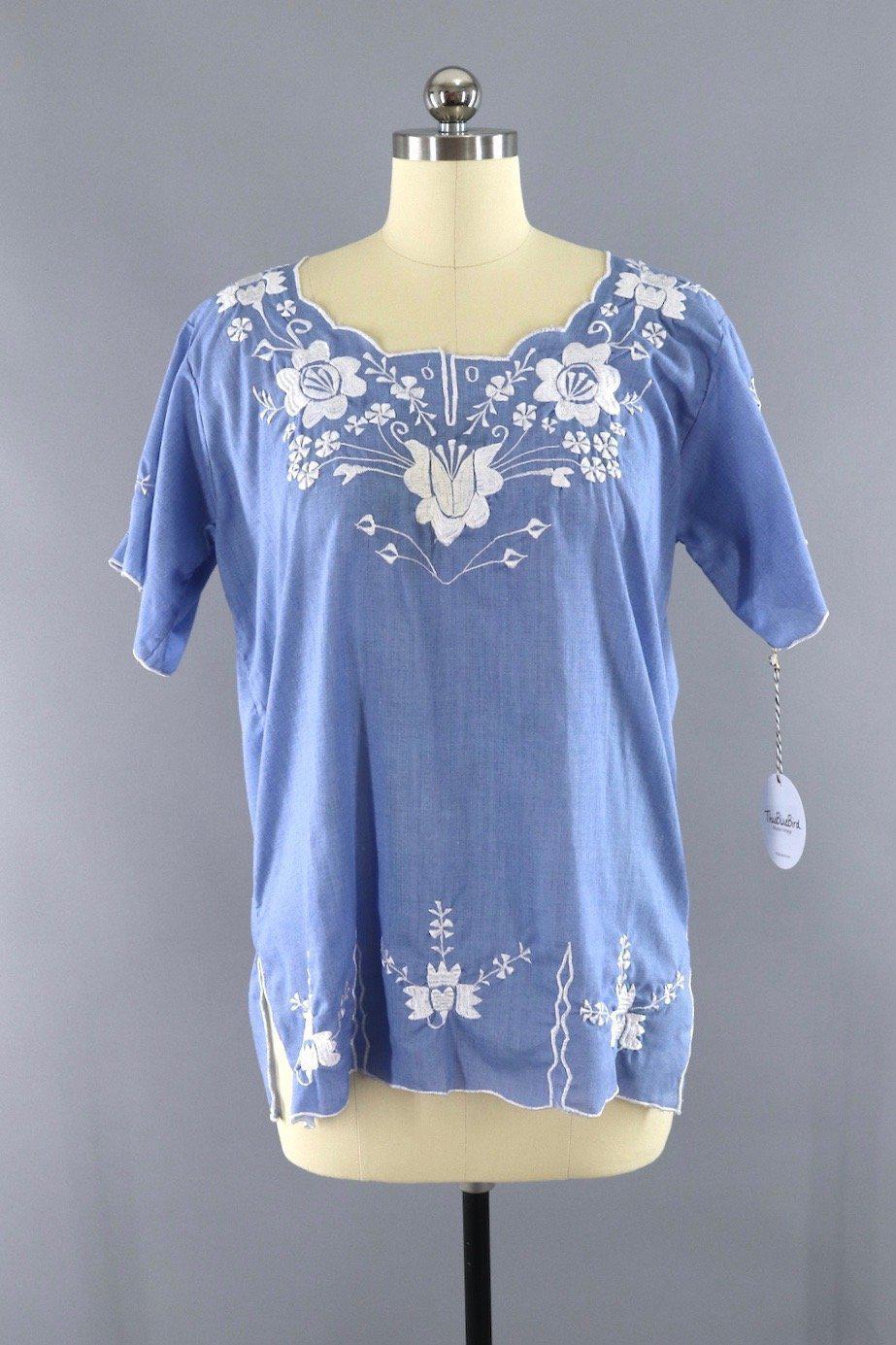 Vintage Chambray Blue Mexican Embroidered Tunic Blouse - ThisBlueBird
