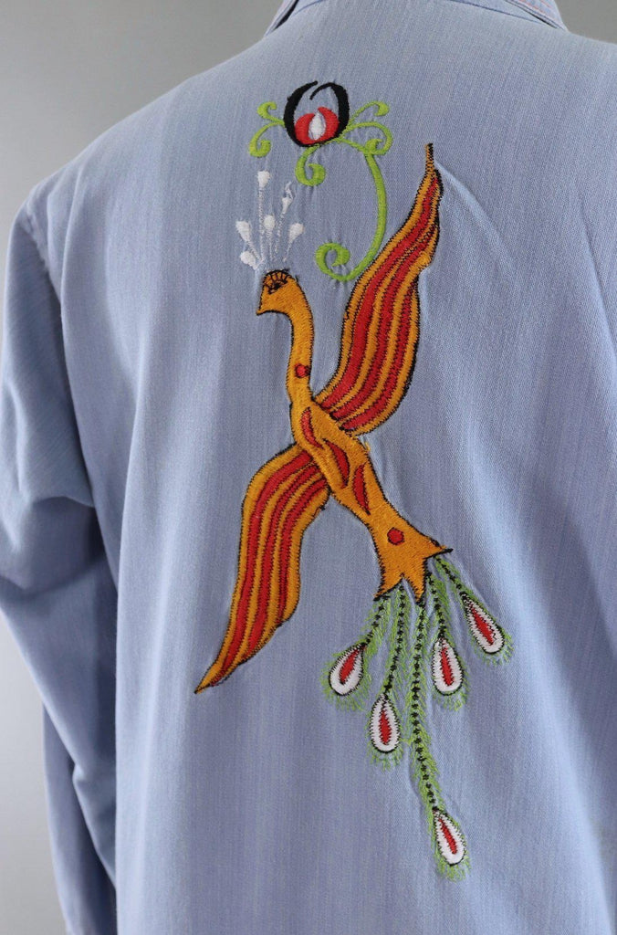Vintage Chambray Denim Western Shirt / Phoenix Bird Floral Embroidery - ThisBlueBird