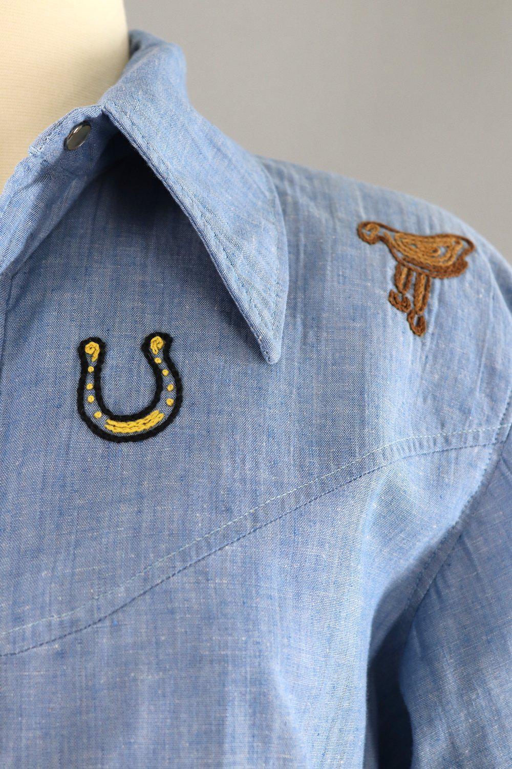 Vintage Chambray Western Shirt with Cowboy and Cactus Embroidery - ThisBlueBird