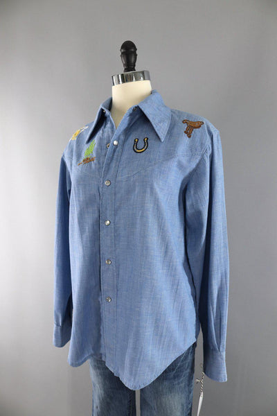 Vintage Chambray Western Shirt with Cowboy and Cactus Embroidery - ThisBlueBird