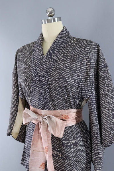 Vintage Charcoal Grey Shibori Kimono Robe ThisBlueBird