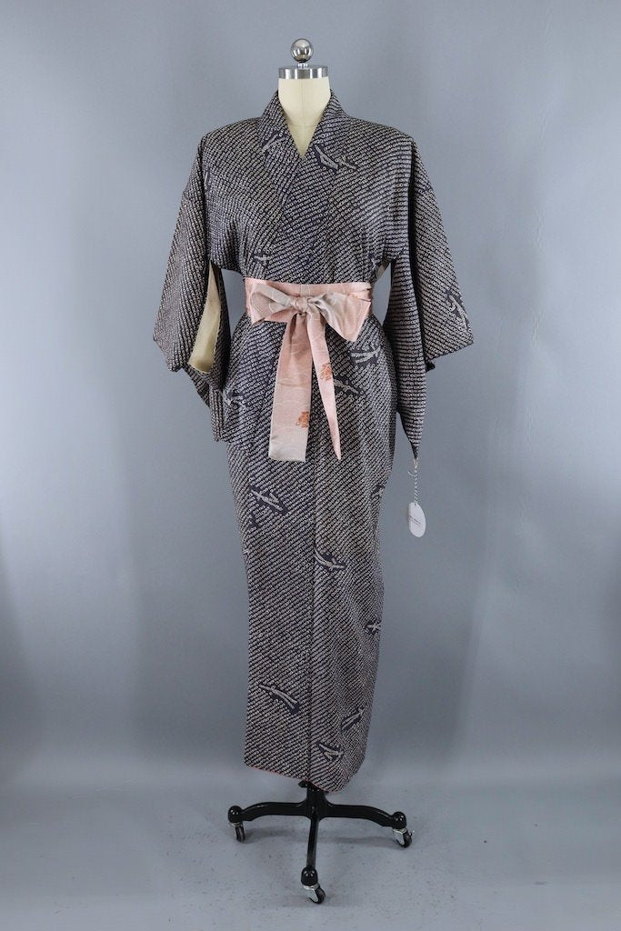 Vintage Charcoal Grey Shibori Kimono Robe ThisBlueBird