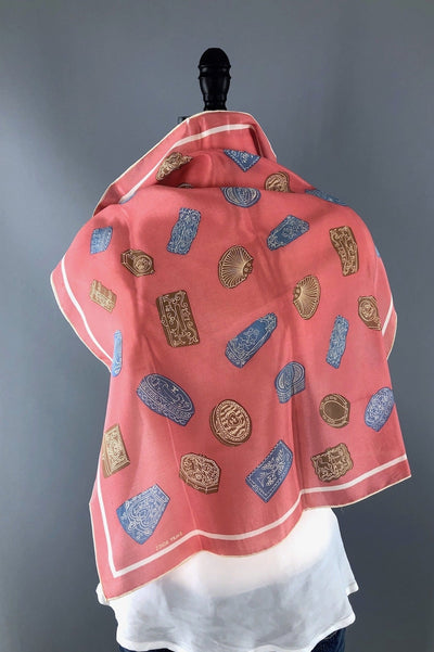 Vintage Coral Pink Silk Scarf with Boxes Novelty Print-ThisBlueBird - Modern Vintage