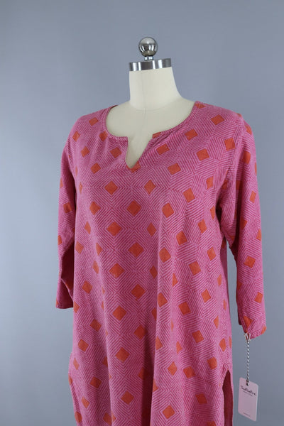 Vintage Cotton Caftan Dress / Pink & Orange Geometric Print - ThisBlueBird