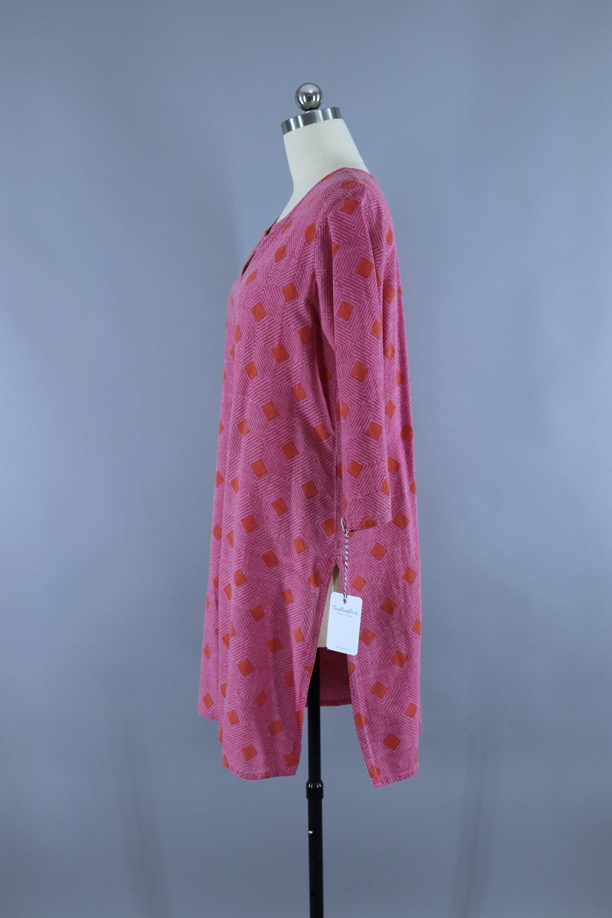 Vintage Cotton Caftan Dress / Pink & Orange Geometric Print - ThisBlueBird