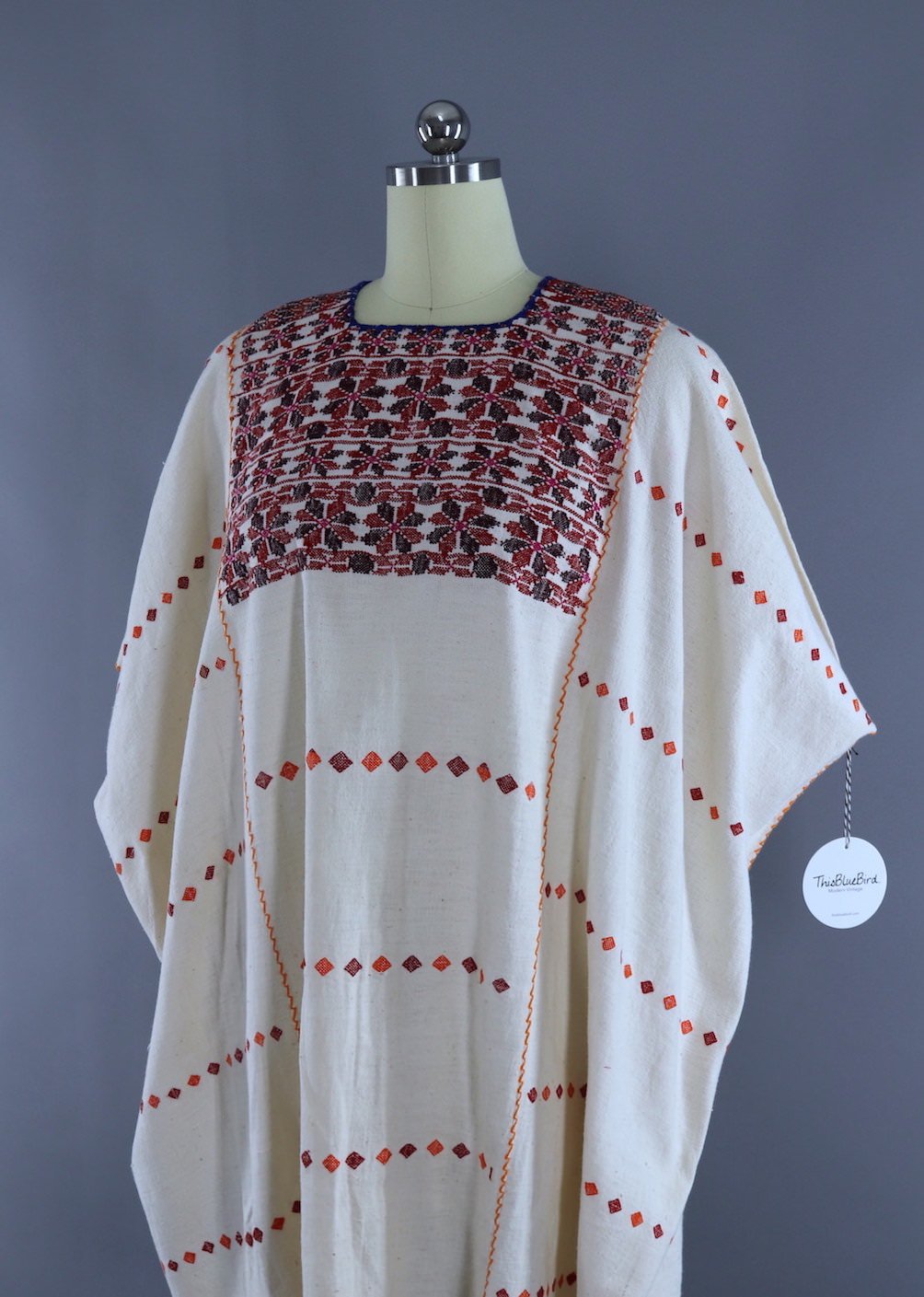 Vintage Cotton Gauze Caftan / Ivory and Red Embroidery - ThisBlueBird