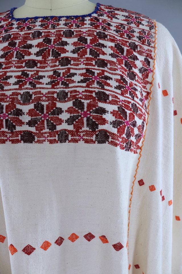 Vintage Cotton Gauze Caftan / Ivory and Red Embroidery - ThisBlueBird