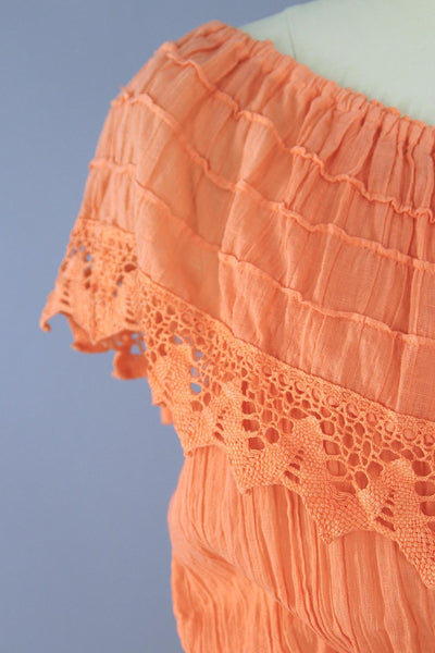 Vintage Cotton Gauze Crochet Blouse & Skirt Set / Orange Ombre - ThisBlueBird