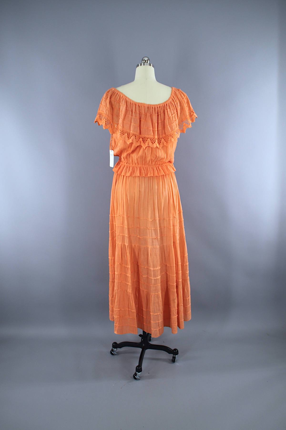 Vintage Cotton Gauze Crochet Blouse & Skirt Set / Orange Ombre - ThisBlueBird