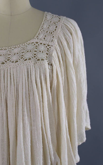 Vintage Cotton Gauze Tunic / Ivory Crochet Blouse - ThisBlueBird