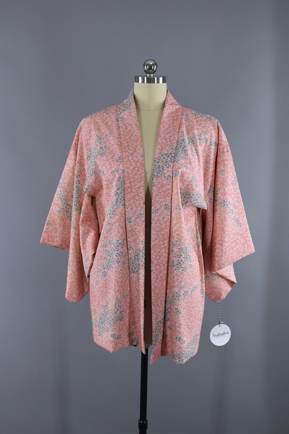 Vintage Cotton Kimono Cardigan - Pink and White Floral Print - ThisBlueBird