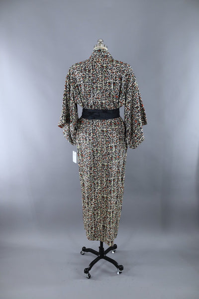 Vintage Cotton Rayon Kimono Robe / Ivory Floral Vines - ThisBlueBird