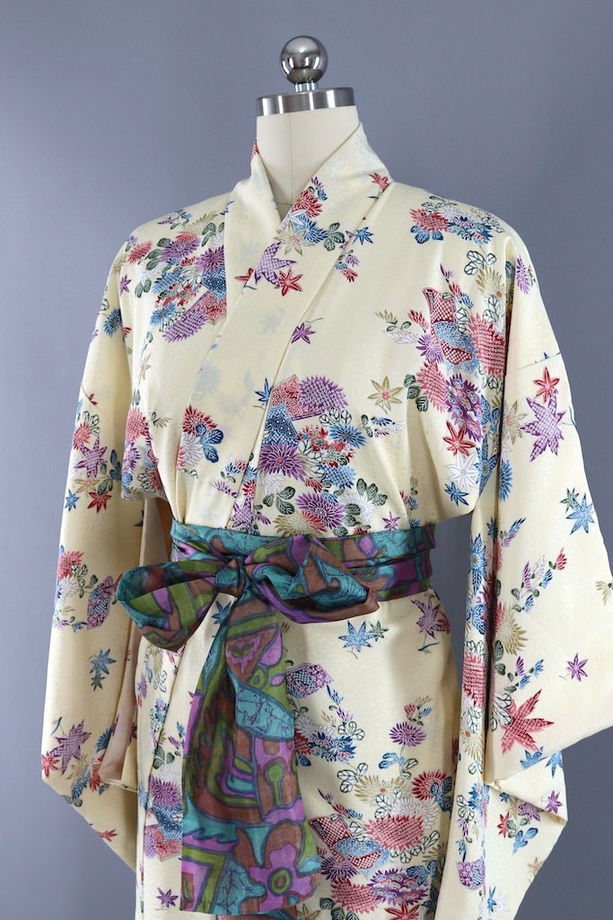 Vintage Cream Floral Silk Kimono-ThisBlueBird - Modern Vintage