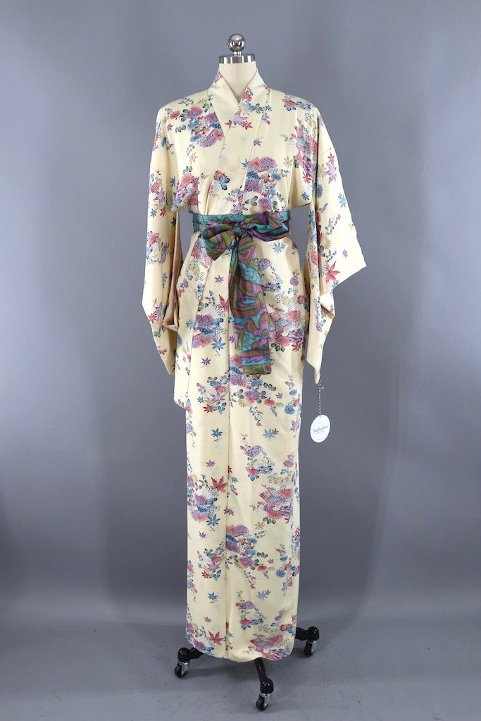 Vintage Cream Floral Silk Kimono-ThisBlueBird