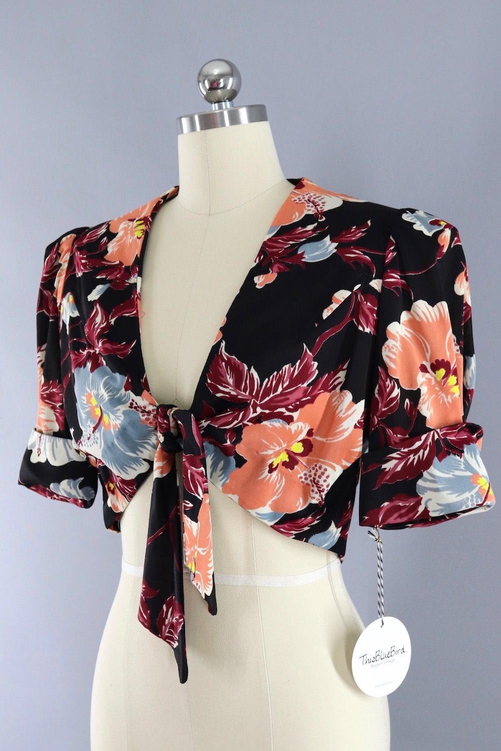 Vintage Cropped Blouse / Black Floral Print - ThisBlueBird
