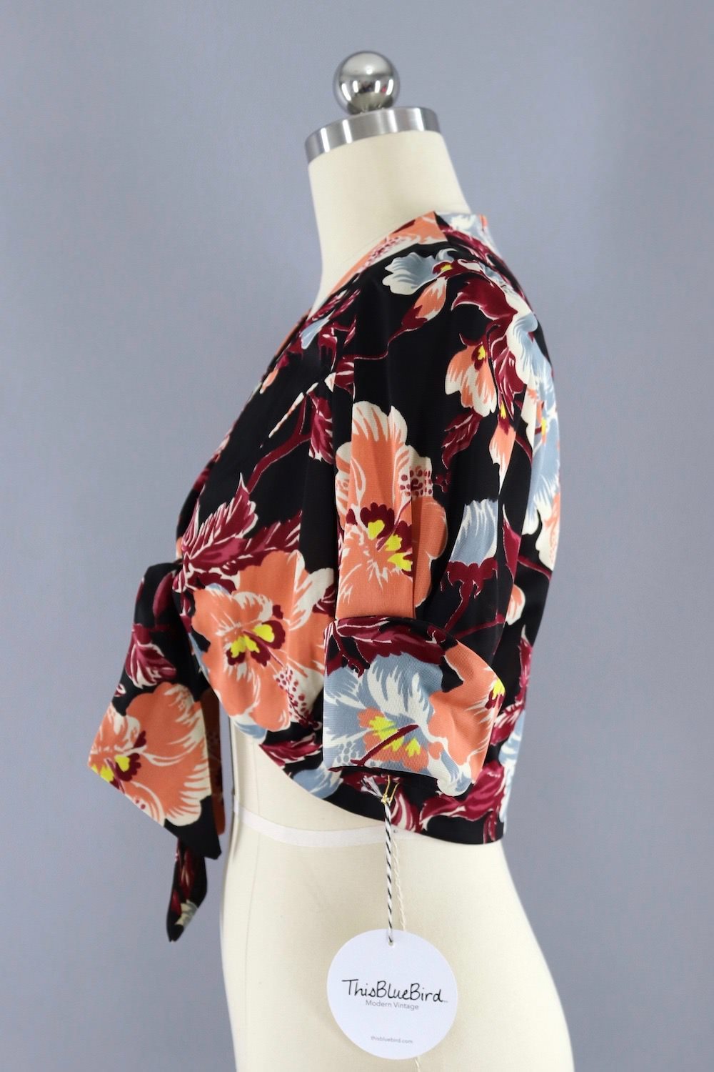 Vintage Cropped Blouse / Black Floral Print - ThisBlueBird