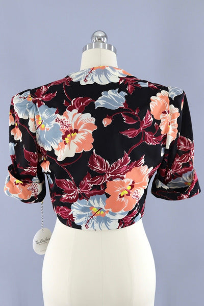 Vintage Cropped Blouse / Black Floral Print - ThisBlueBird