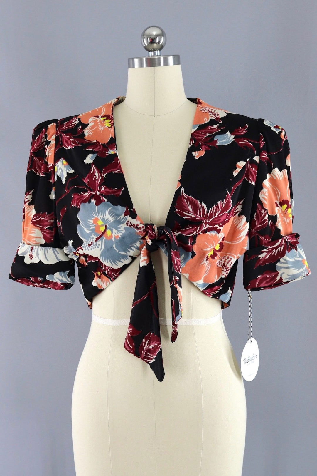 Vintage Cropped Blouse / Black Floral Print - ThisBlueBird