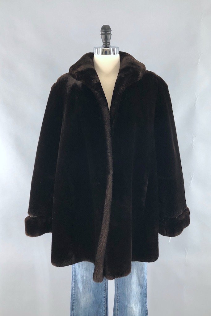 Vintage Dark Brown Mouton Fur Long Coat-ThisBlueBird