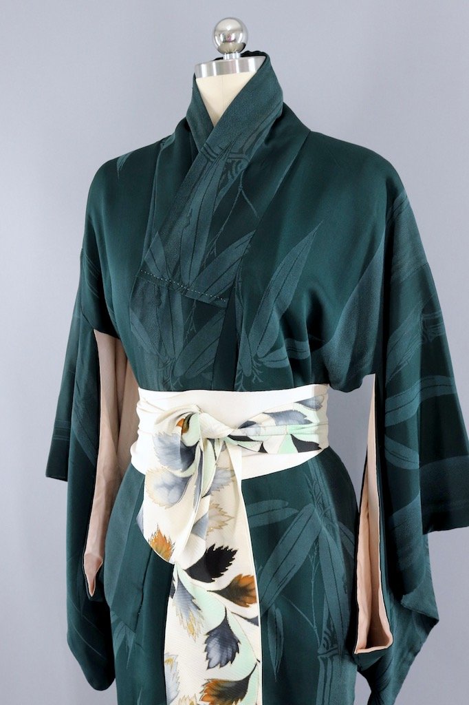 Vintage Dark Emerald Green Silk Kimono-ThisBlueBird - Modern Vintage