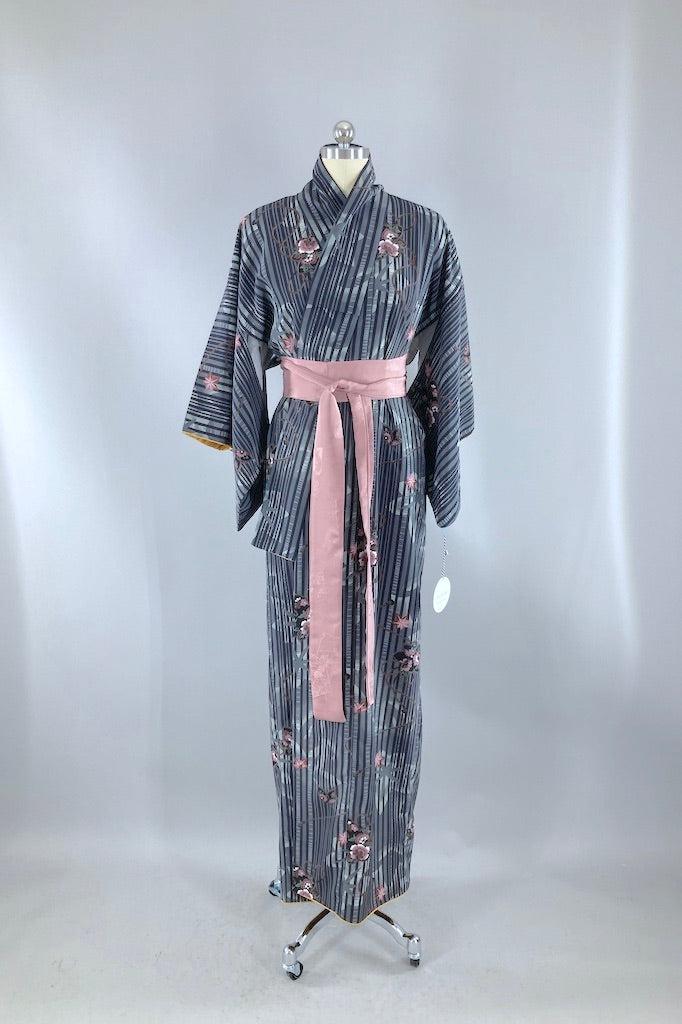 Vintage Dark Grey & Pink Floral Kimono Robe-ThisBlueBird
