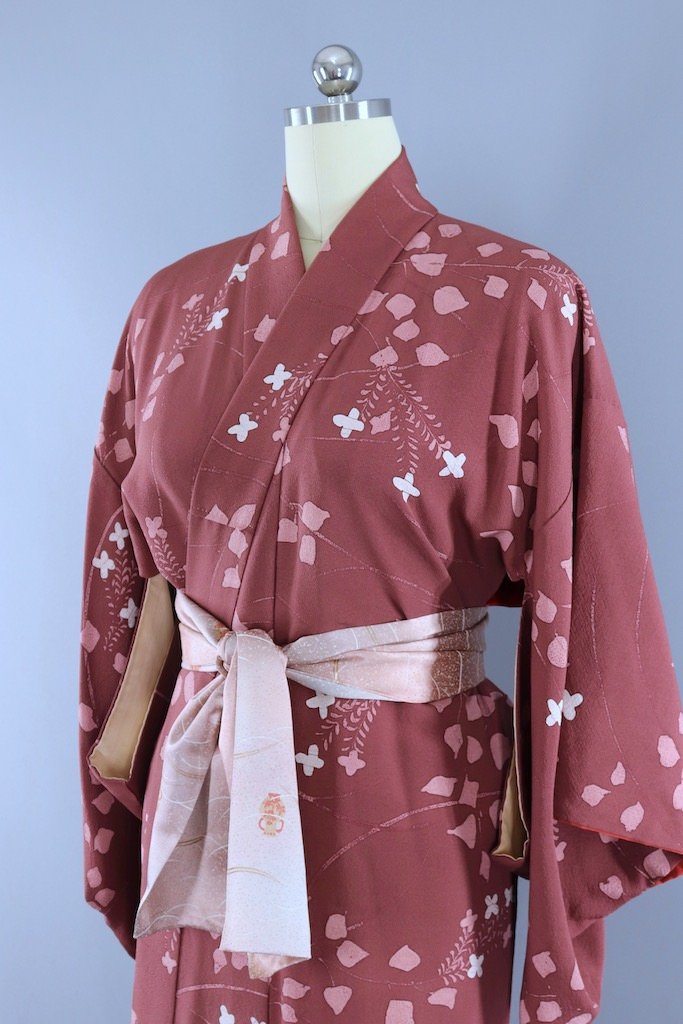 Vintage Dark Mauve Pink Leaves Silk Kimono Robe-ThisBlueBird - Modern Vintage