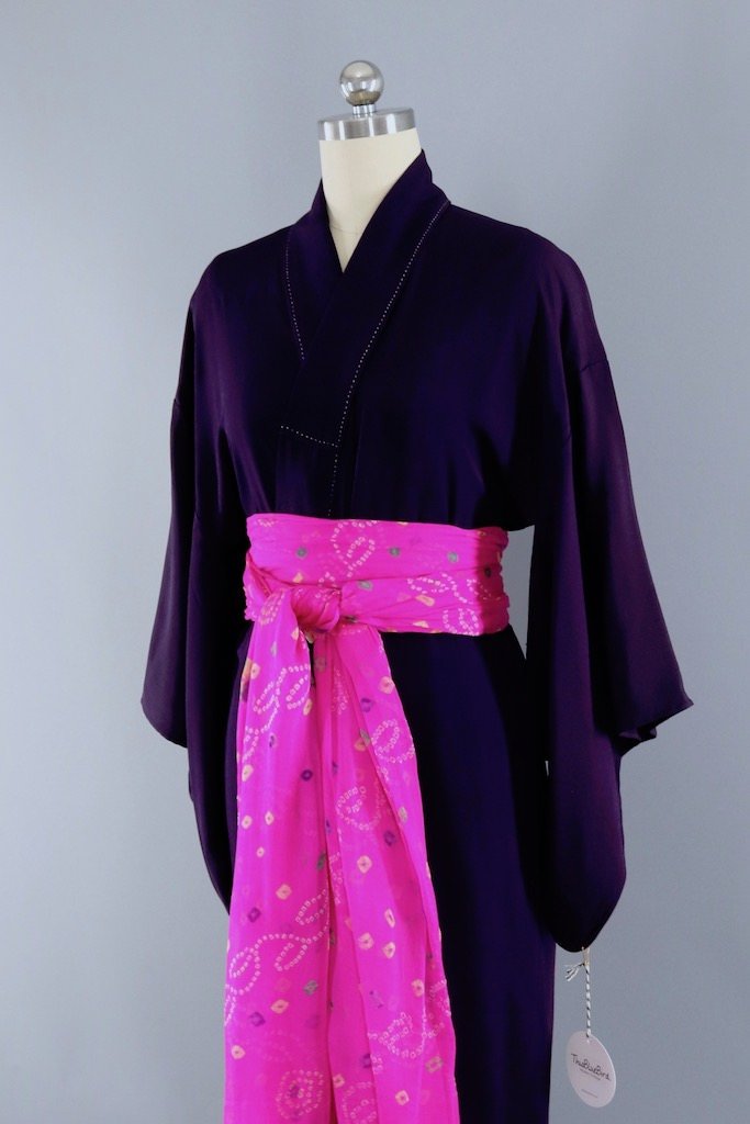 Vintage Dark Purple Silk Kimono Robe-ThisBlueBird - Modern Vintage