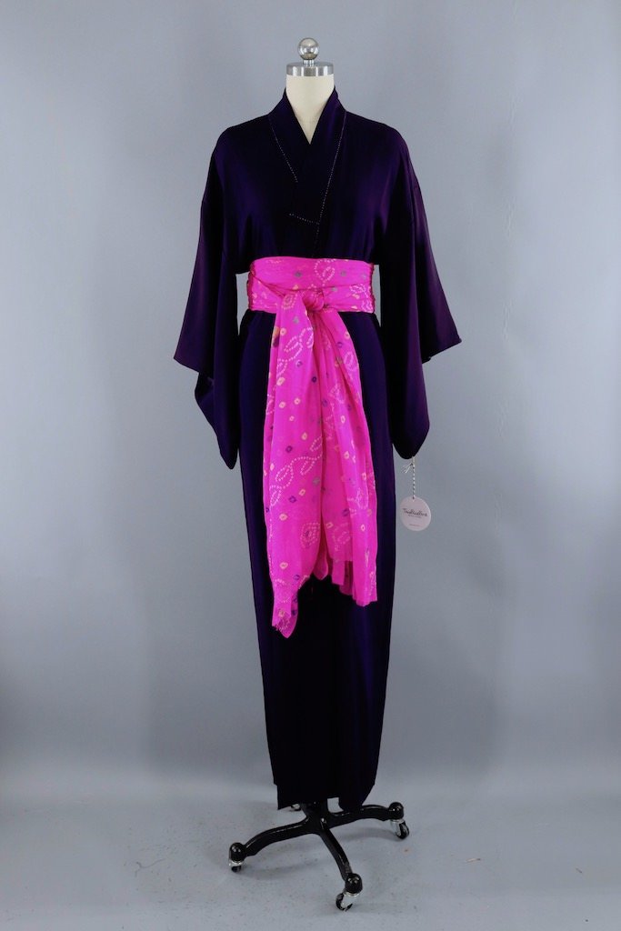 Vintage Dark Purple Silk Kimono Robe-ThisBlueBird - Modern Vintage