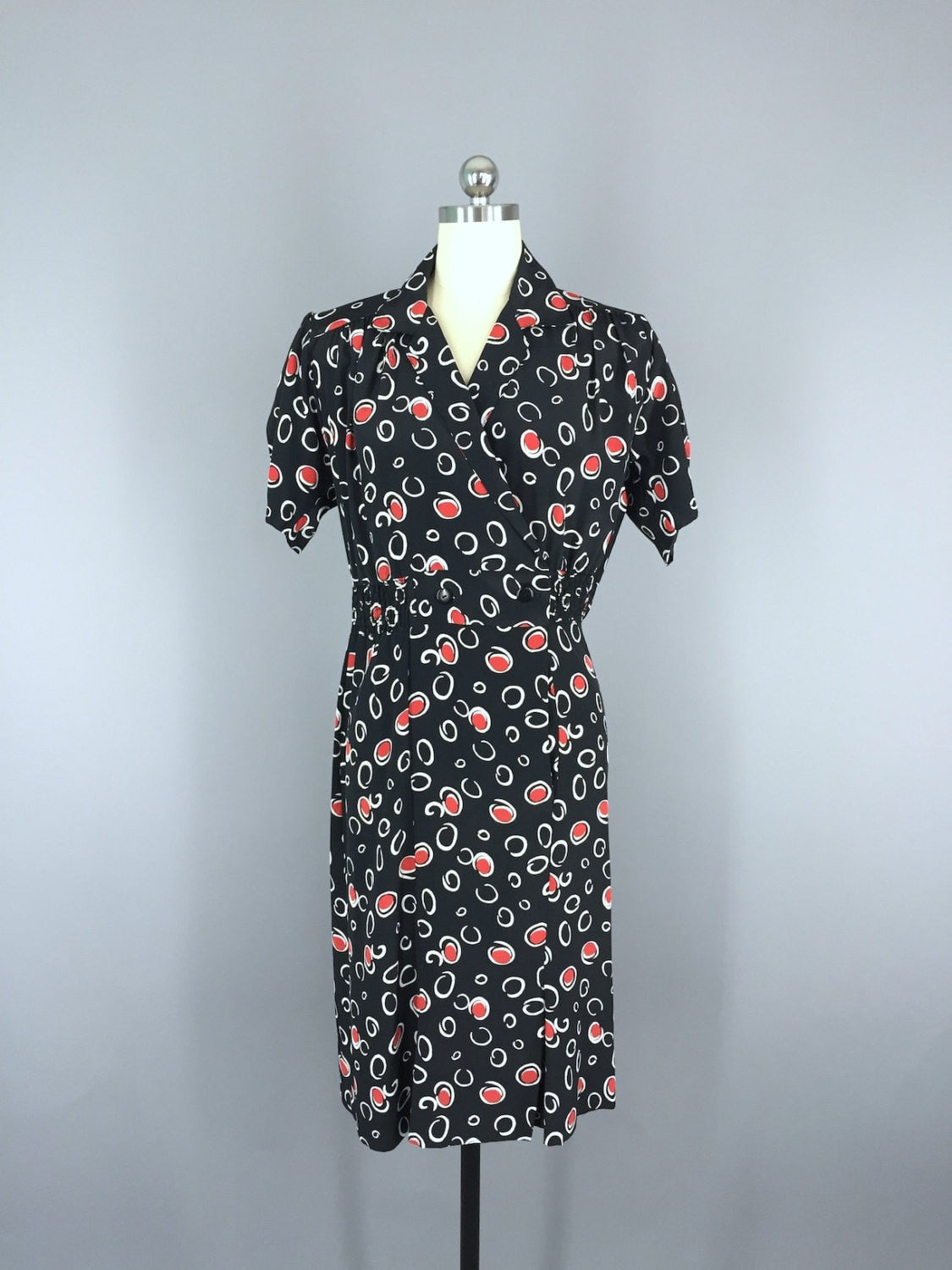 Vintage Day Dress / Black & Red Dots and Circles - ThisBlueBird