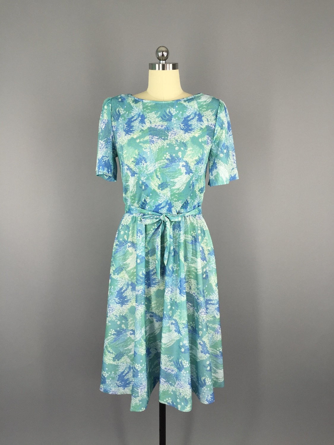 Vintage Day Dress / Blue Aqua Floral Print - ThisBlueBird
