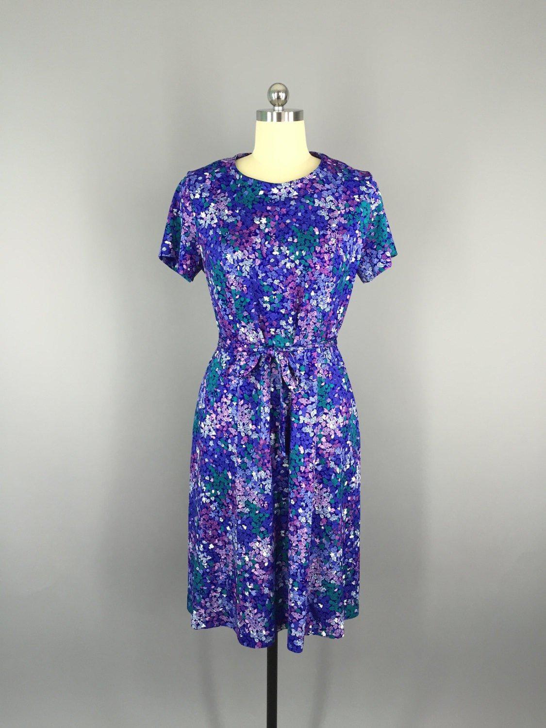 Vintage Day Dress / Blue Leaf Print - ThisBlueBird