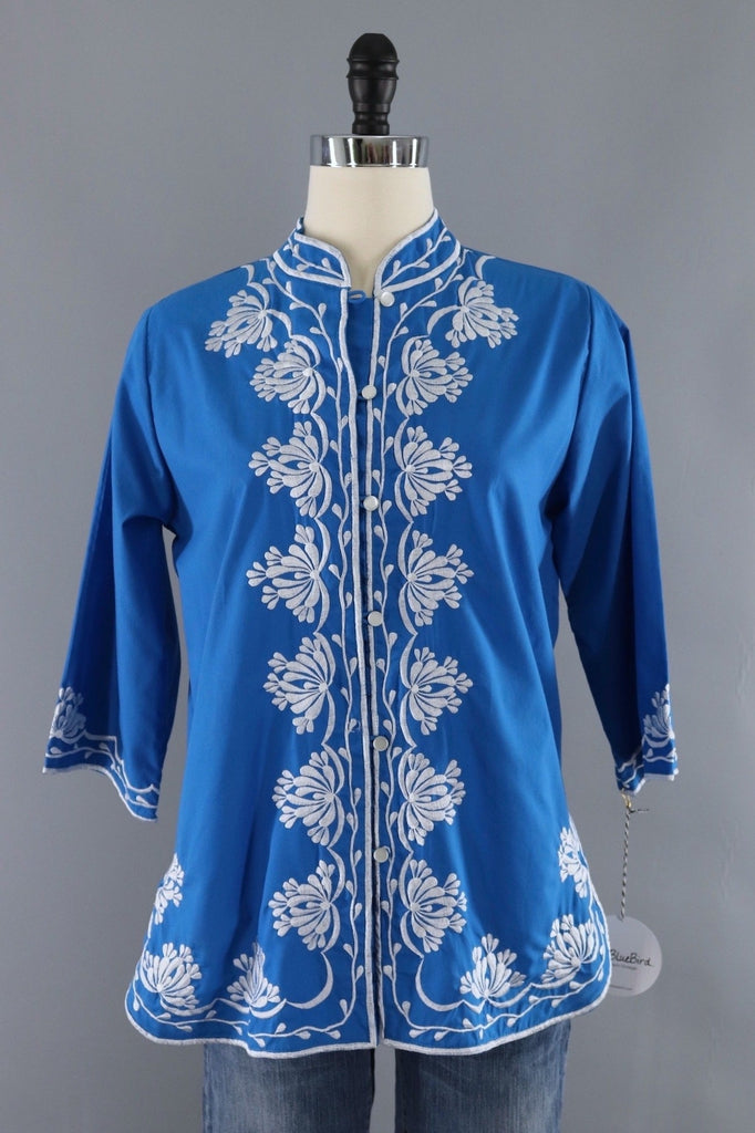 Vintage Embroidered Blouse / Ocean Blue-ThisBlueBird - Modern Vintage