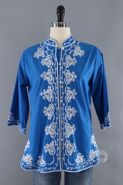 Vintage Embroidered Blouse / Ocean Blue-ThisBlueBird - Modern Vintage