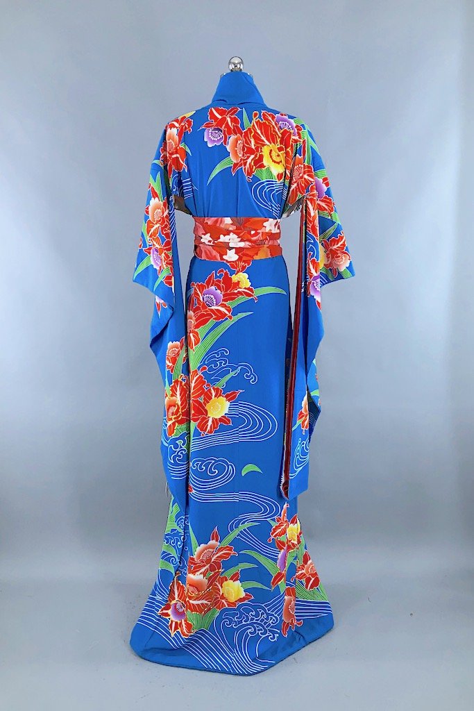 Vintage Embroidered Blue Orchids Silk Kimono Robe-ThisBlueBird - Modern Vintage