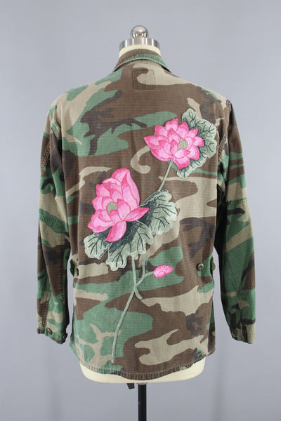 Vintage Embroidered Camouflage Jacket / US Marines Military Camo Coat / Pink LOTUS Floral Embroidery - ThisBlueBird