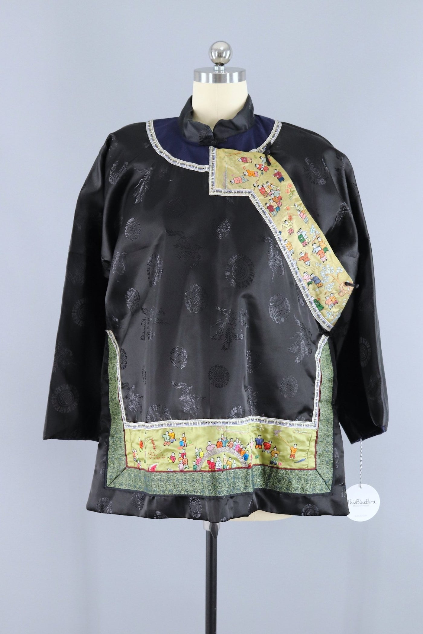 Vintage Embroidered Chinese Court Jacket / Black Satin Brocade Embroidery - ThisBlueBird