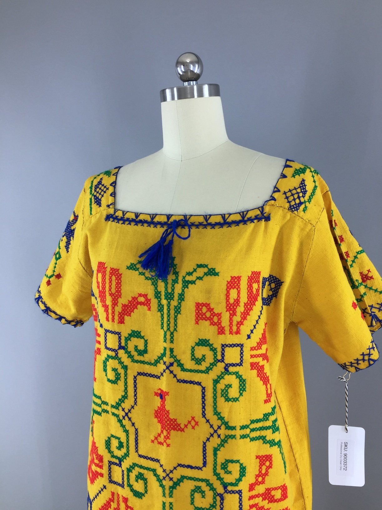 Vintage Embroidered Yellow Cotton Caftan Dress - ThisBlueBird