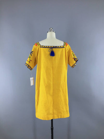 Vintage Embroidered Yellow Cotton Caftan Dress - ThisBlueBird
