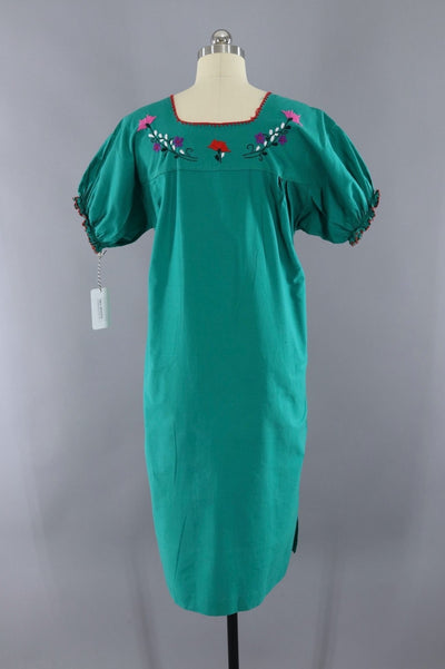 Vintage Emerald Green Mexican Embroidered Caftan Dress - ThisBlueBird