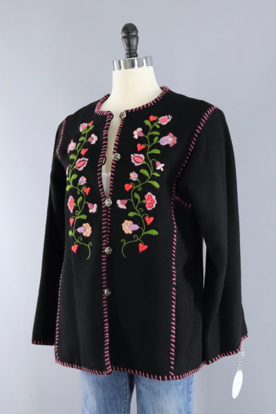 Vintage Floral Embroidered Black Felt Jacket - ThisBlueBird
