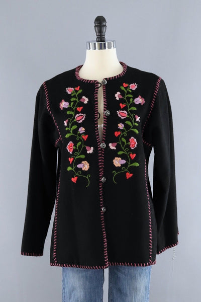 Vintage Floral Embroidered Black Felt Jacket - ThisBlueBird